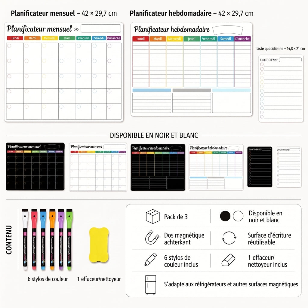 Planning familial magnétique – Vue mensuelle, hebdomadaire et quotidienne