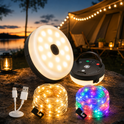 4-en-1 – Lampe de camping rechargeable avec guirlande lumineuse et batterie externe