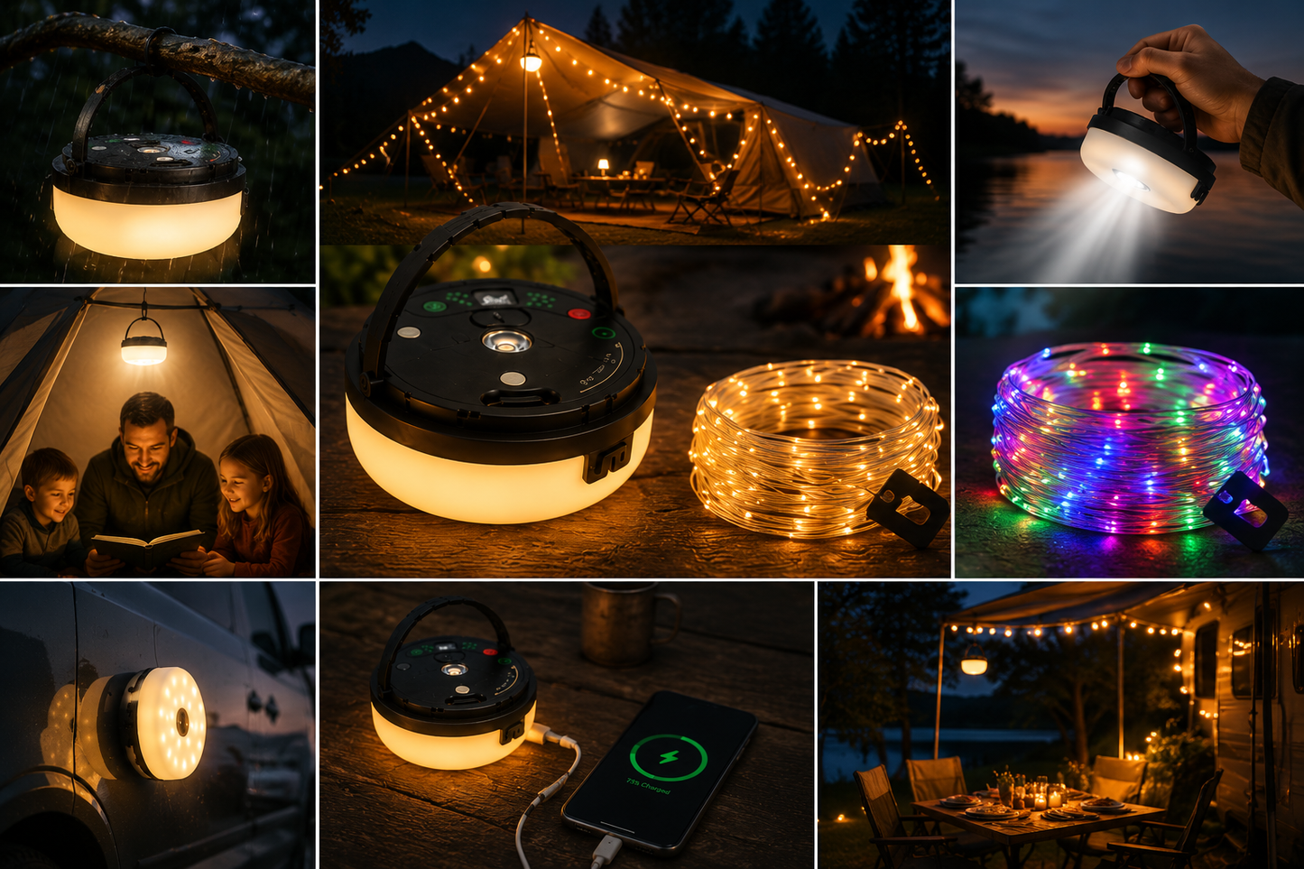 4-en-1 – Lampe de camping rechargeable avec guirlande lumineuse et batterie externe