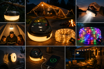 4-en-1 – Lampe de camping rechargeable avec guirlande lumineuse et batterie externe