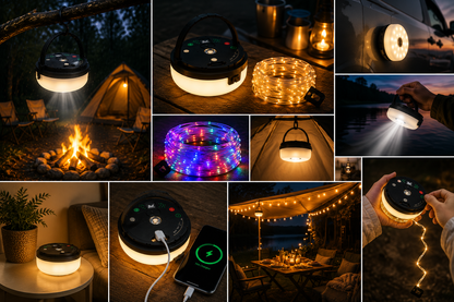 4-en-1 – Lampe de camping rechargeable avec guirlande lumineuse et batterie externe