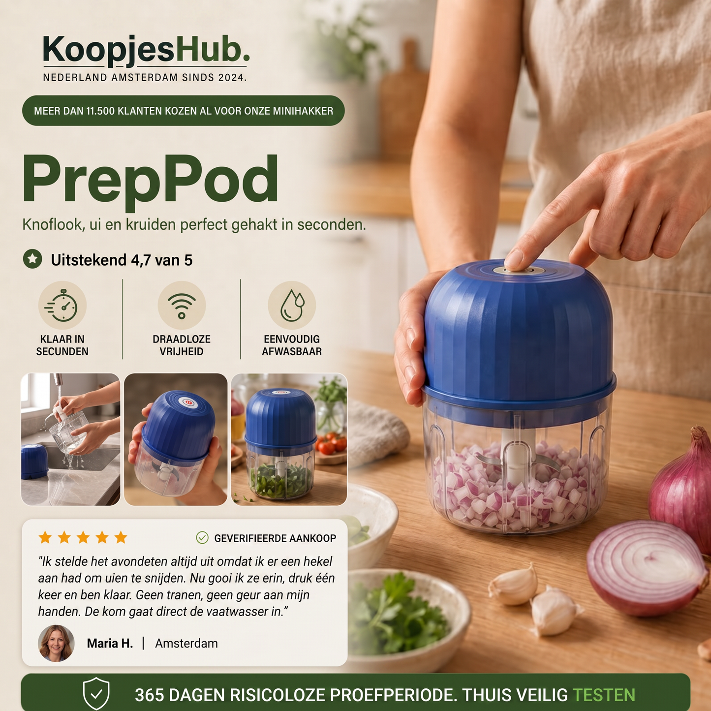 PrepPod – Mini-hachoir sans fil pour l’ail, les oignons et les herbes en quelques secondes