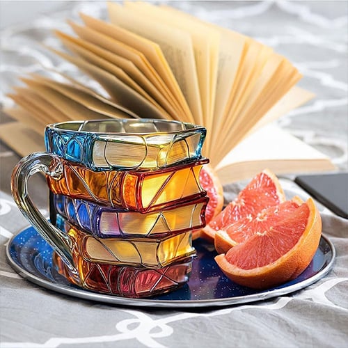 Tasse à Café en Verre en Forme de Livres Peinte à la Main